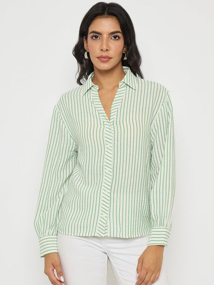 Madame Textured Green Striped Shirt