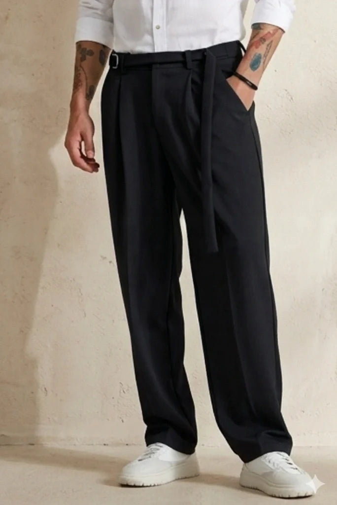 Men Black Pleated Pant-Front