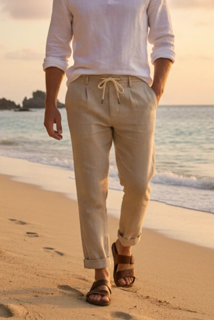 Men's Cream Linen Casual Pant-Front