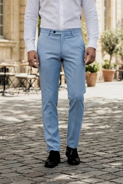 Men Sky Blue Office Trouser-Front