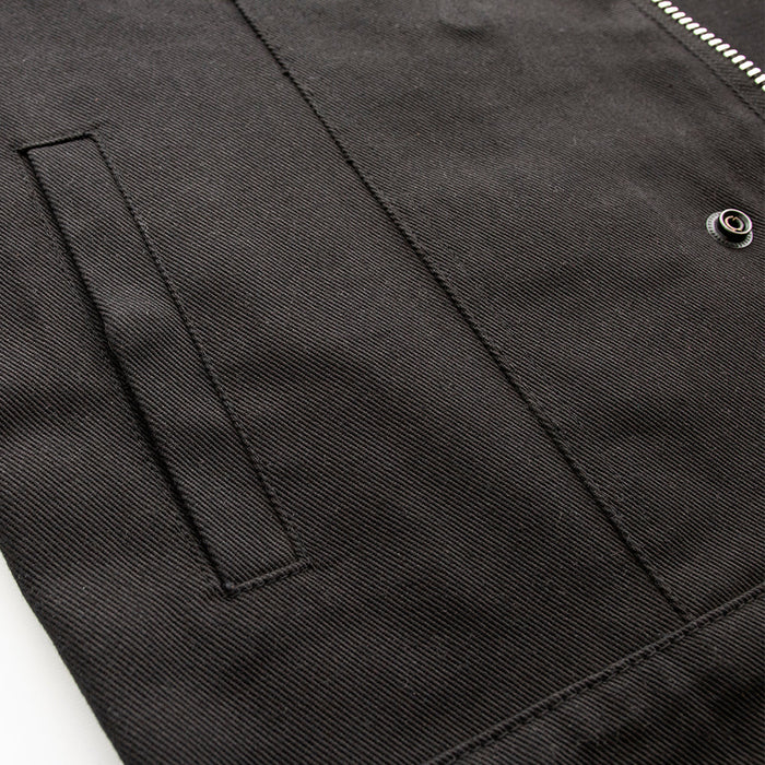 Men's Crossover Vest: True to size
Made in Jet Black lightweight twill fabric
Black Leather Trim on neck and armholes
Two che