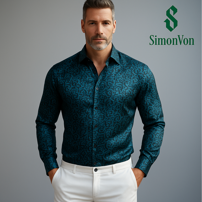 Men's  Dark Cyan Vintage Floral  Long Sleeve Dress Shirt- CY-9006