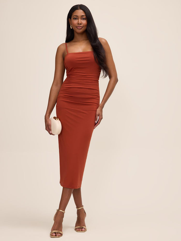 Rust ITY Midi Dress with Shirred Waist - Woman Wearing Structured Evening Dress - Le Chateau