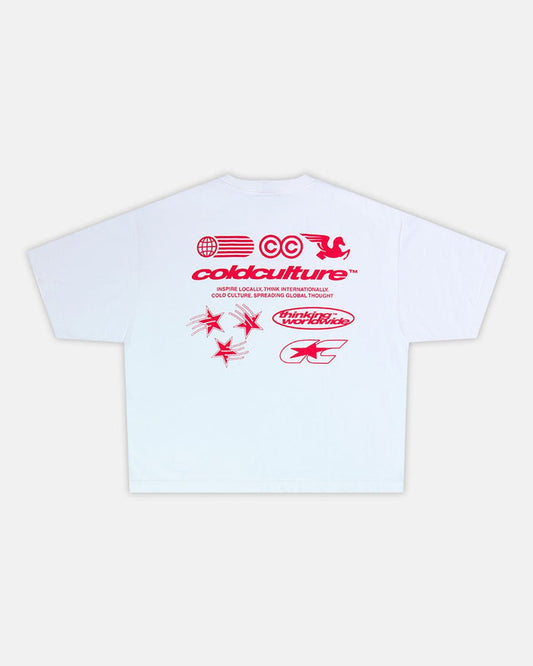 MIX TEE WHITE - white graphic print tee, back view - Cold Culture