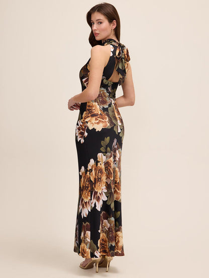 Black/Mocha Floral Satin Gown - Woman Wearing Sleeveless Mock Neck Evening Dress - Le Chateau