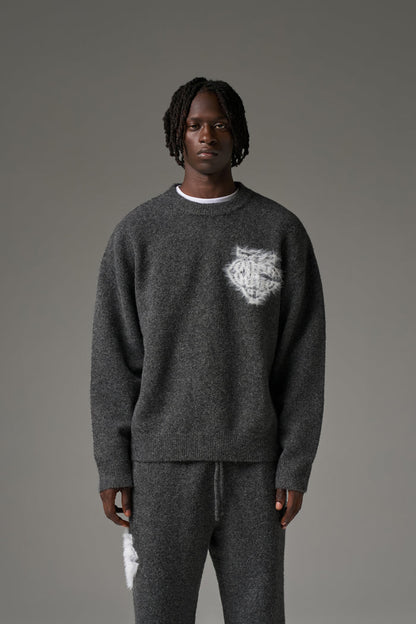 MONOGRAM FLUFFY KNIT CREW - CHARCOAL