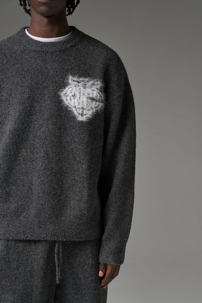 MONOGRAM FLUFFY KNIT CREW - CHARCOAL