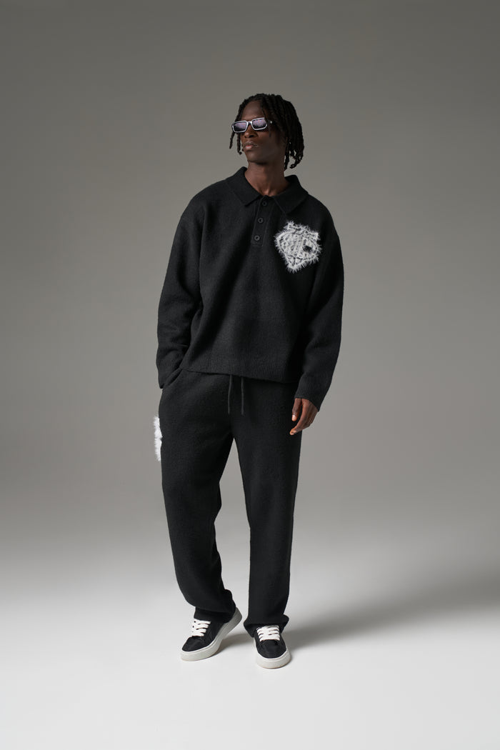 MONOGRAM FLUFFY KNIT POLO - BLACK