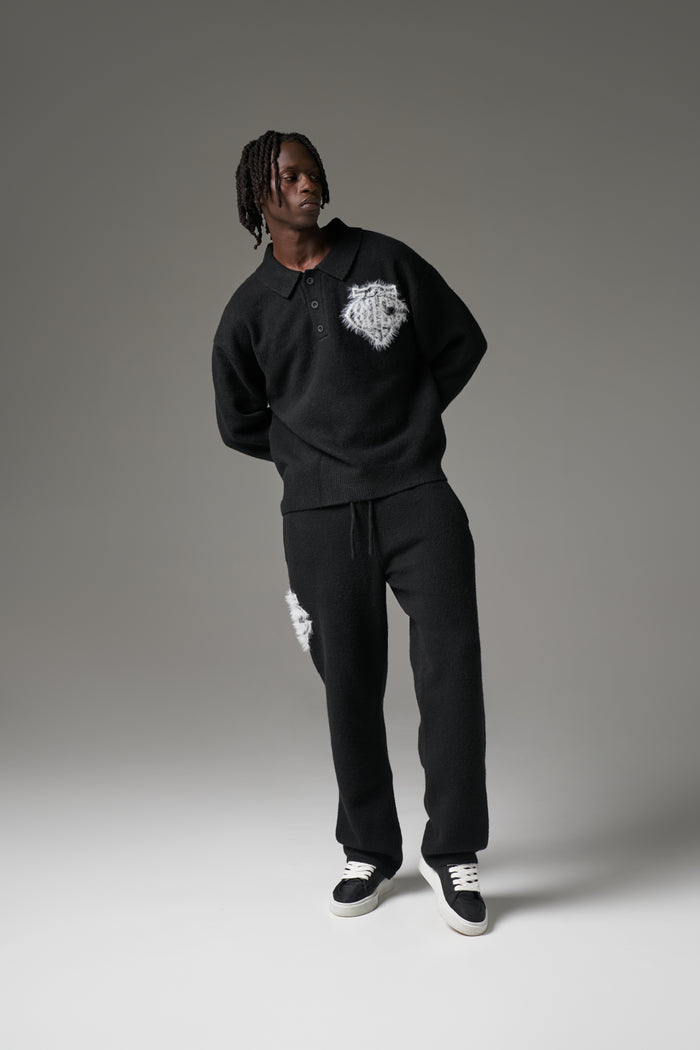 MONOGRAM FLUFFY KNIT POLO - BLACK