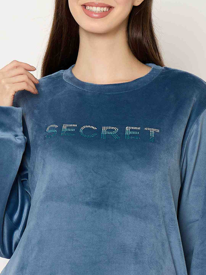 mSECRET Round Neck Embellished Teal Sweatshirt