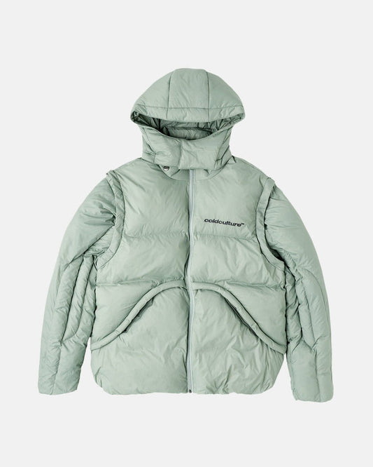 MULTIFUNCTIONAL PUFFER JACKET PISTACHIO GREEN - pistachio green hooded puffer jacket, front view - Cold Culture