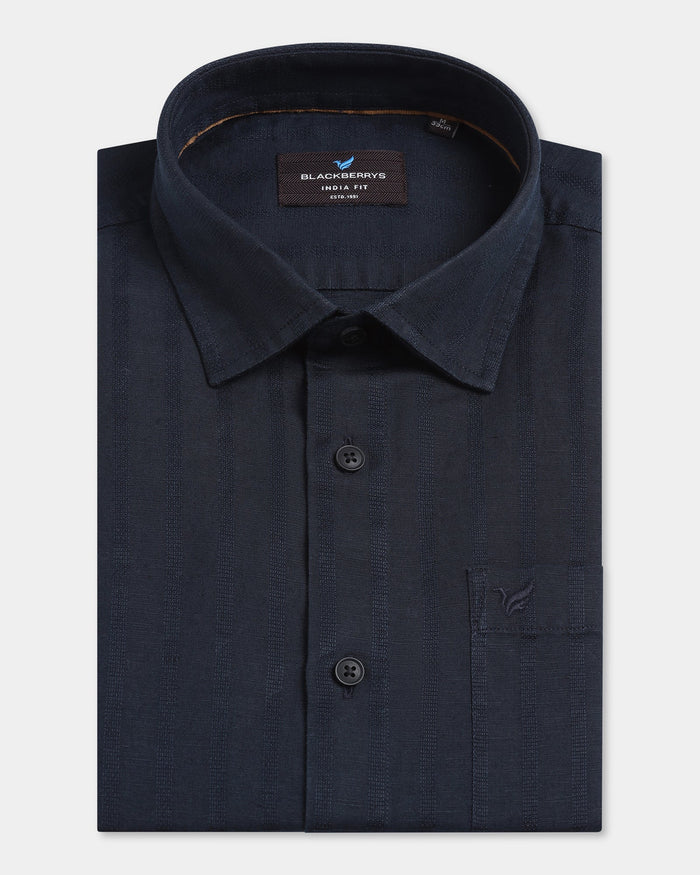 Navy Half Sleeve Linen Stripe Shirt - Sanhok
