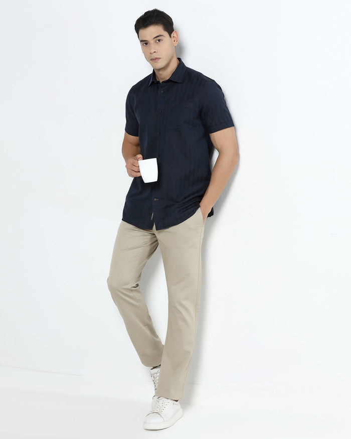 Navy Half Sleeve Linen Stripe Shirt - Sanhok
