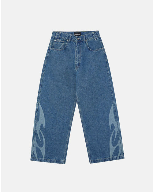 NEOTRIBAL V2 PANTS LIGHT BLUE DENIM - light blue tribal print denim pants, front view - Cold Culture