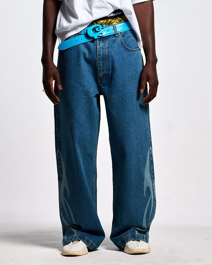NEOTRIBAL V2 PANTS LIGHT BLUE DENIM - light blue tribal print denim pants, front view on male model - Cold Culture #man