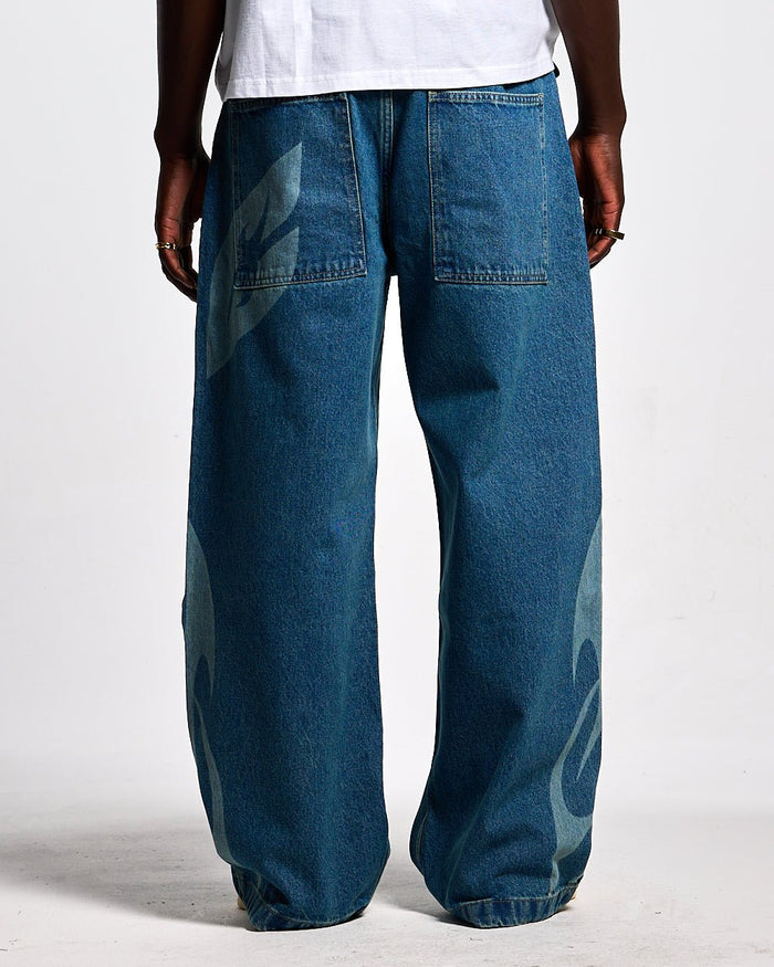 NEOTRIBAL V2 PANTS LIGHT BLUE DENIM - light blue tribal print denim pants, back view on male model - Cold Culture #man