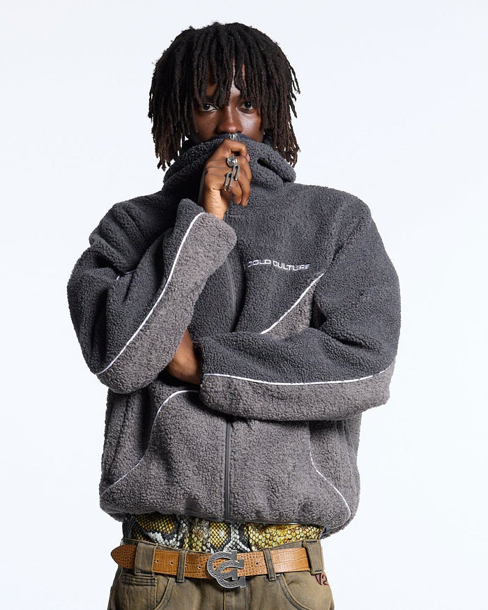 NO RISK FLEECE JACKET HEAVY GREY/DUST GREY - grey two-tone fleece jacket, front view on male model - Cold Culture #man