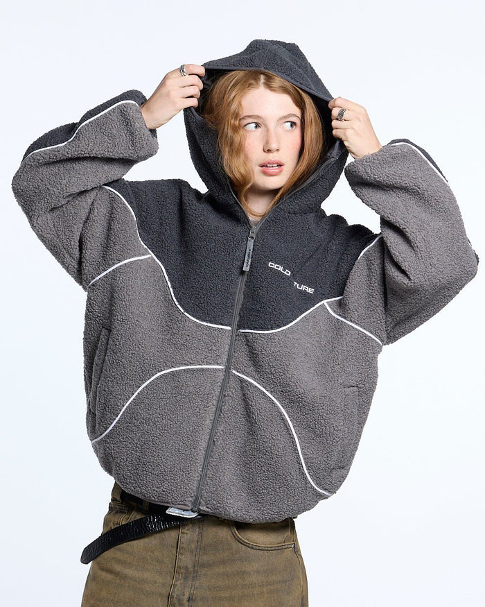NO RISK FLEECE JACKET HEAVY GREY/DUST GREY - grey two-tone fleece jacket, front view on female model - Cold Culture #woman