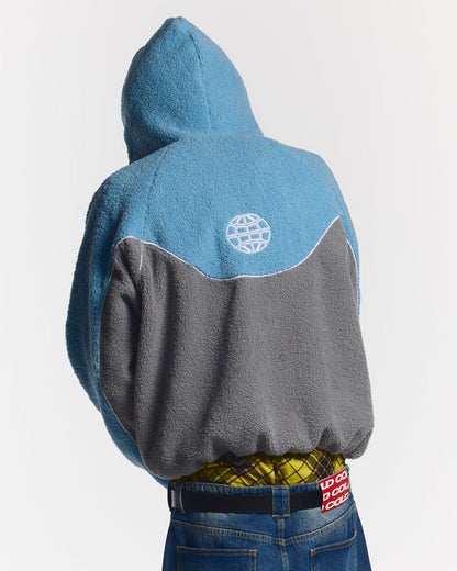 NO RISK FLEECE JACKET STONE GREY/STERLING BLUE - blue and grey fleece jacket, back view on male model - Cold Culture #man