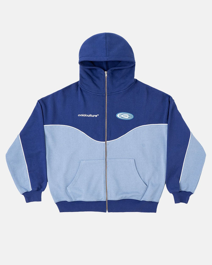 NO RISK ZIP HOODIE BLUE SCALE - two-tone blue zip-up hoodie, front view - Cold Culture