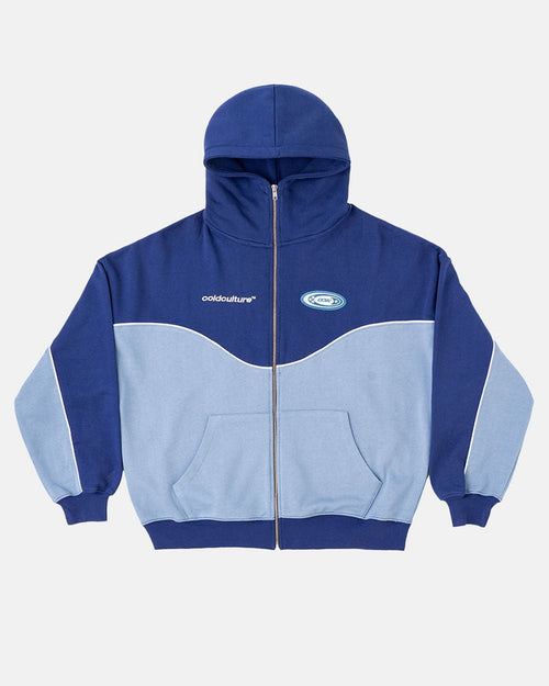 NO RISK ZIP HOODIE BLUE SCALE - two-tone blue zip-up hoodie, front view - Cold Culture