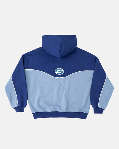 NO RISK ZIP HOODIE BLUE SCALE - two-tone blue zip-up hoodie, back view - Cold Culture