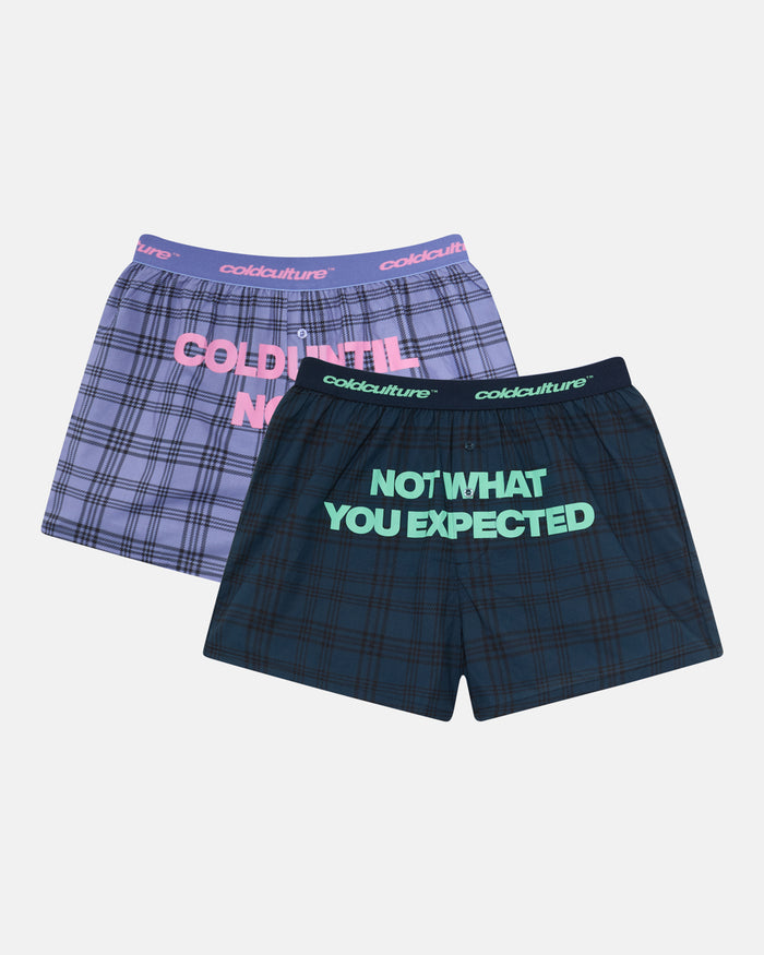 NOT WHAT YOU EXPECTED BOXERS - navy and lilac plaid boxers, front view - Cold Culture