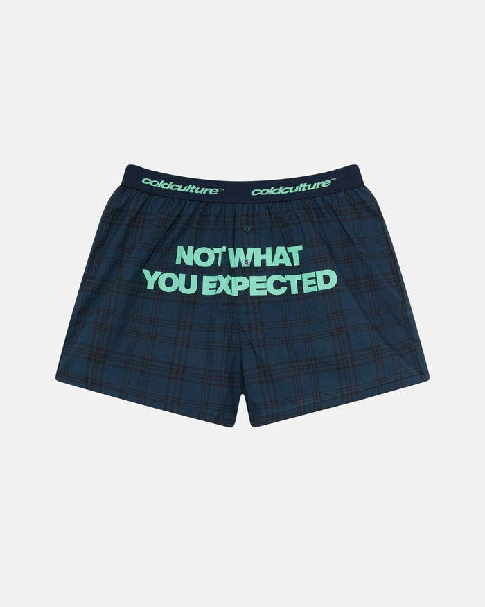 NOT WHAT YOU EXPECTED BOXERS - navy and lilac plaid boxers, front view - Cold Culture