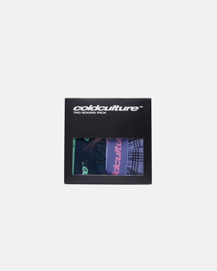 NOT WHAT YOU EXPECTED BOXERS - navy and lilac plaid boxers, front view - Cold Culture