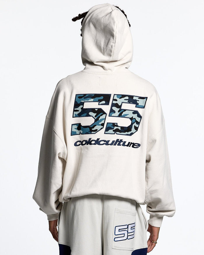 NOVA BEAR HOODIE GREYISH WHITE - off white graphic print hoodie, back view on male model - Cold Culture #man