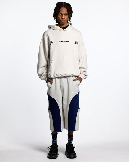 NOVA BEAR HOODIE GREYISH WHITE - off white graphic print hoodie, front view on male model - Cold Culture #man