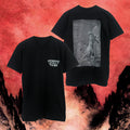 Two black Tooth And Claw T-shirts in soft ringspun cotton on a red and black textured background. The front features a small logo, while the back displays a large skeleton graphic. Both have comfortable baby rib collar detail.