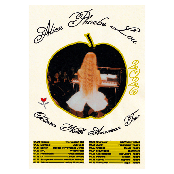 Alice Phoebe Lou Obsidian North American Tour poster featuring her playing piano amid apple-themed art. Tour dates and venues appear below in yellow. Ships safely in a poster tube.