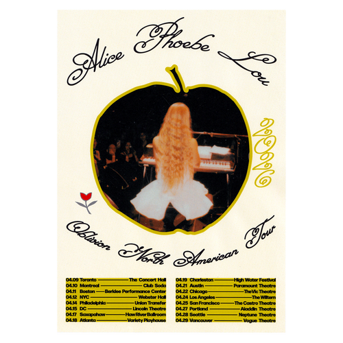 Alice Phoebe Lou Obsidian North American Tour poster featuring her playing piano amid apple-themed art. Tour dates and venues appear below in yellow. Ships safely in a poster tube.