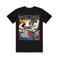 Black t-shirt from Royal Coda featuring colorful, abstract artwork with clouds, figures, and vibrant shapes. The brand name "Royal Coda" is prominently displayed at the top in bold, stylized letters.