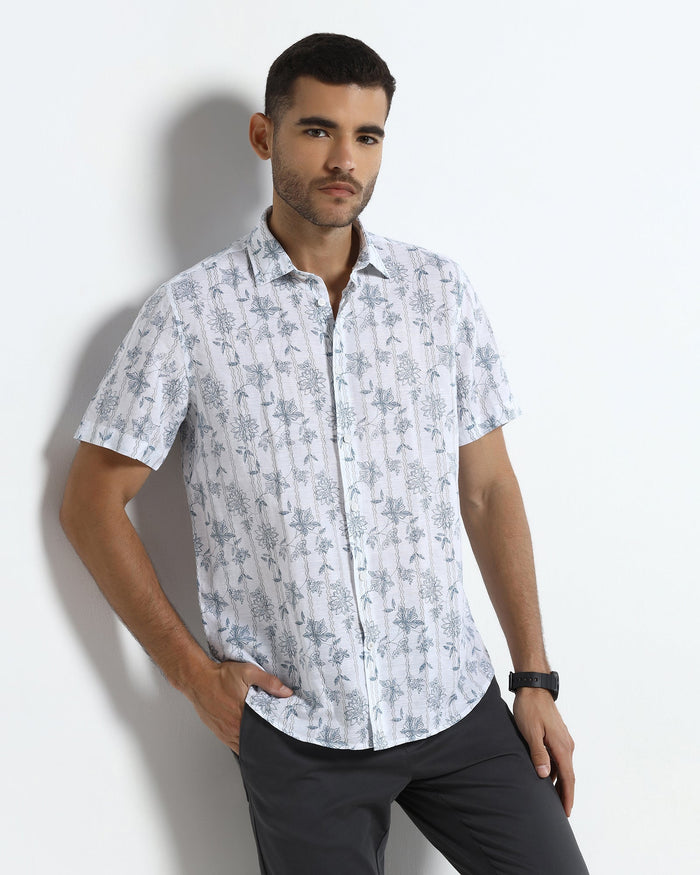 Off White Half Sleeve Linen Printed Shirt - Alvino