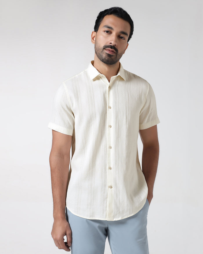 Off White Half Sleeve Textured Shirt - Lambo