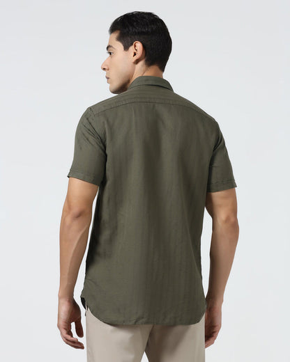 Olive Half Sleeve Linen Stripe Shirt - Sanhok