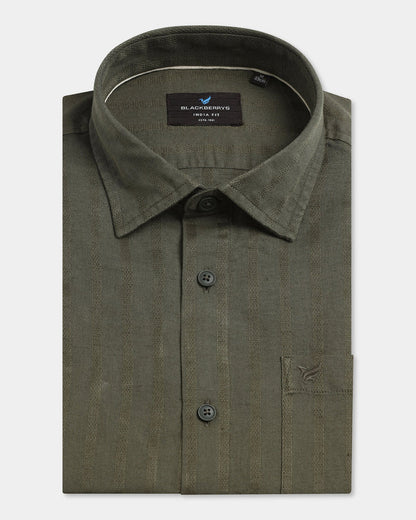 Olive Half Sleeve Linen Stripe Shirt - Sanhok
