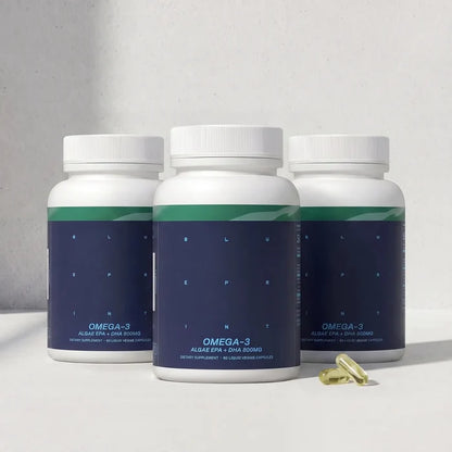 Three bottles of Blueprint Omega-3 supplement in a three-pack for daily longevity support
