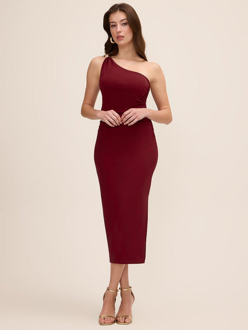 Brick One-Shoulder Knit Crepe Sheath Dress - Woman Wearing Fitted Dress with Metal Trim Detail - Le Chateau