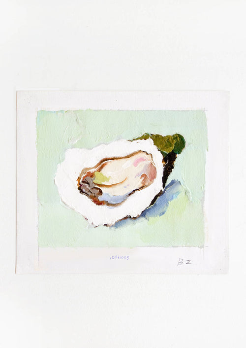 Original oil painting with still life image of a single oyster on a mint green background.