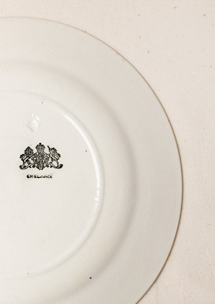 A pair of white plates with blue and red floral pattern around rim.
