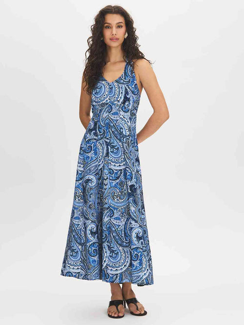 Dark Sapphire Paisley Print Halter Dress - Woman Wearing Halter Dress with Front Slit - Suzy Shier