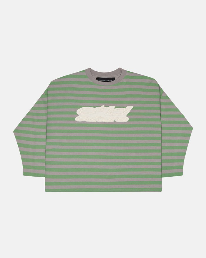 PARDON ME LONGSLEEVE GREEN & GREY - green striped longsleeve tee, front view - Cold Culture