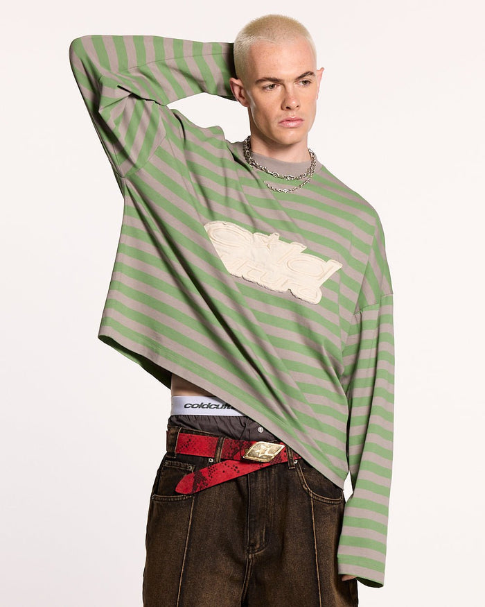 PARDON ME LONGSLEEVE GREEN & GREY - green striped longsleeve tee, front view on male model - Cold Culture #man