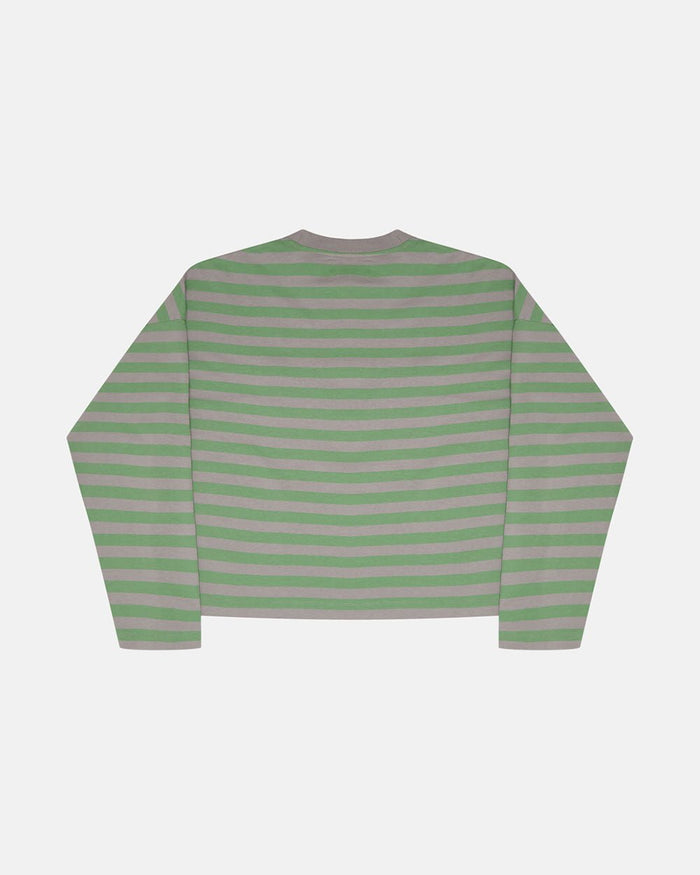 PARDON ME LONGSLEEVE GREEN & GREY - green striped longsleeve tee, back view - Cold Culture