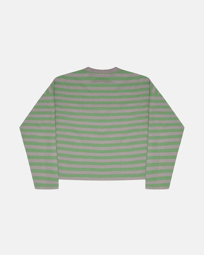 PARDON ME LONGSLEEVE GREEN & GREY - green striped longsleeve tee, back view - Cold Culture