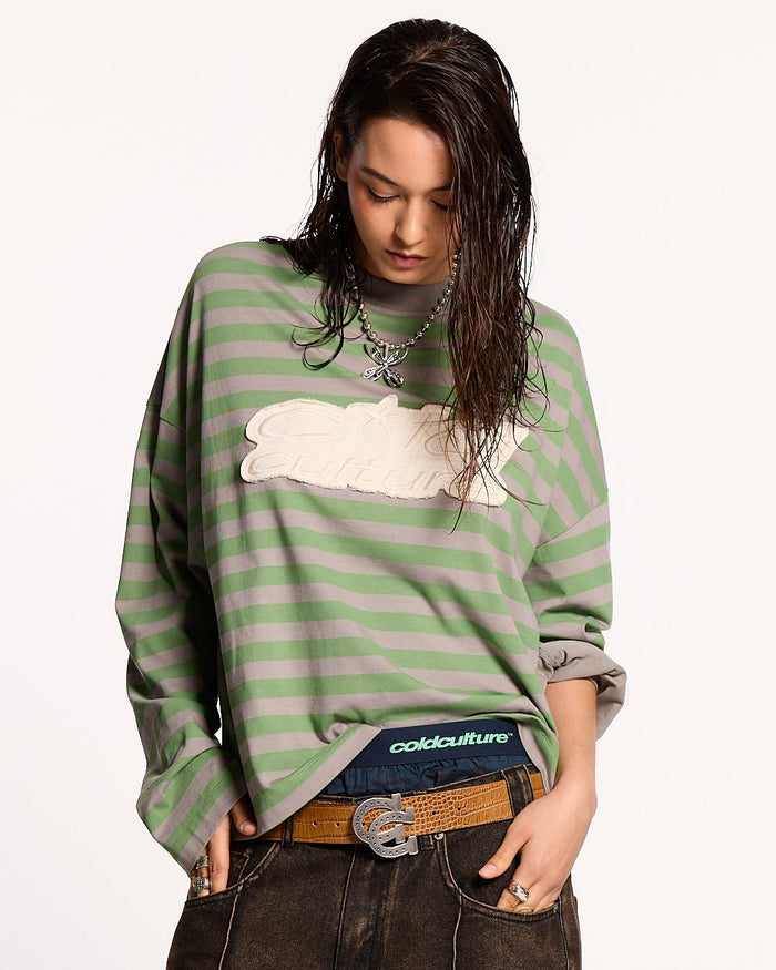PARDON ME LONGSLEEVE GREEN & GREY - green striped longsleeve tee, front view on female model - Cold Culture #woman