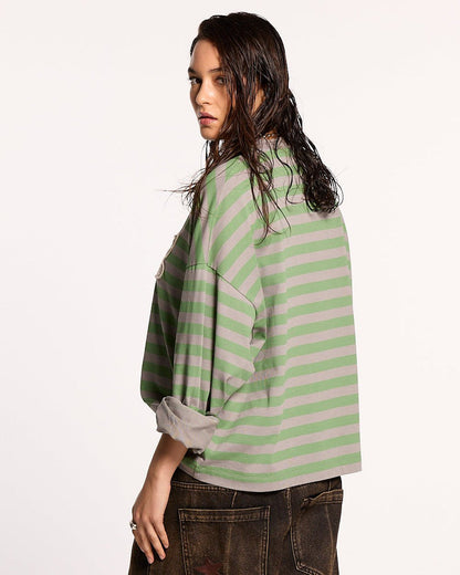 PARDON ME LONGSLEEVE GREEN & GREY - green striped longsleeve tee, back view on female model - Cold Culture #woman